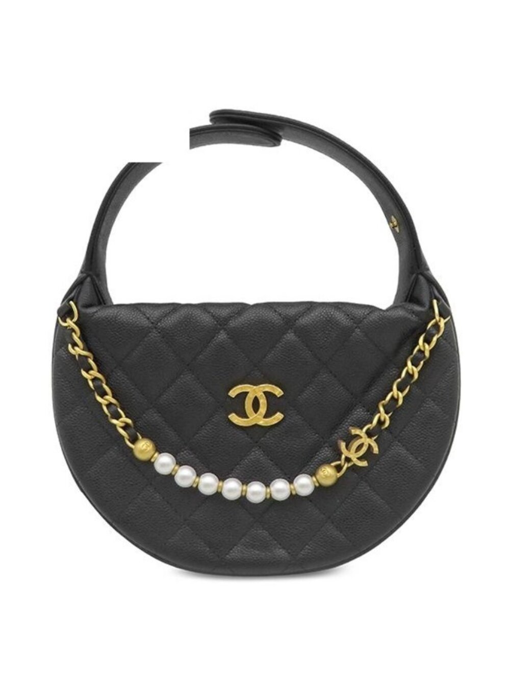 Chanel Handbag Mini Hobo Caviar Leather Black Gold CC Logo